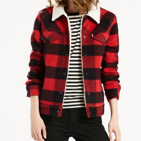 Levis Wool Blend Plaid Sherpa Trucker 